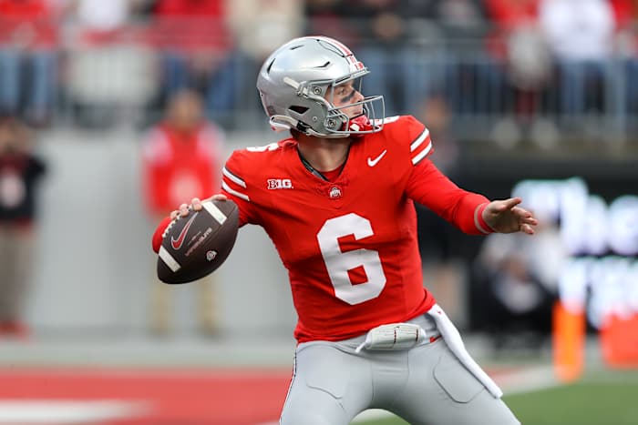 Oct 7, 2023; Columbus, Ohio, USA; Ohio State Buckeyes quarterback Kyle McCord (6) drops back to throw during the second quarter against the Maryland Terrapins at Ohio Stadium.